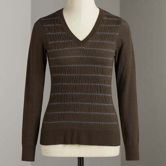 Merino Wool Sweater Women Med Brown Textured V-Neck Knit Top Y2K 90s Era Classic - Picture 1 of 15